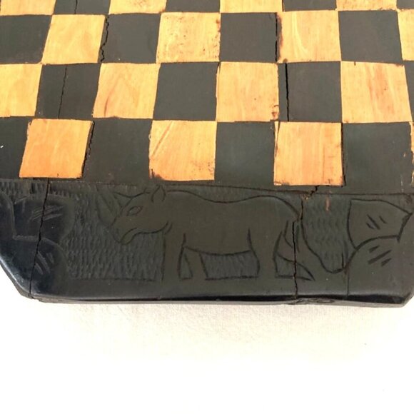 Vintage Hand Carved Wooden Chess Board Tanzania African Elephant Rhino - Picture 5 of 7